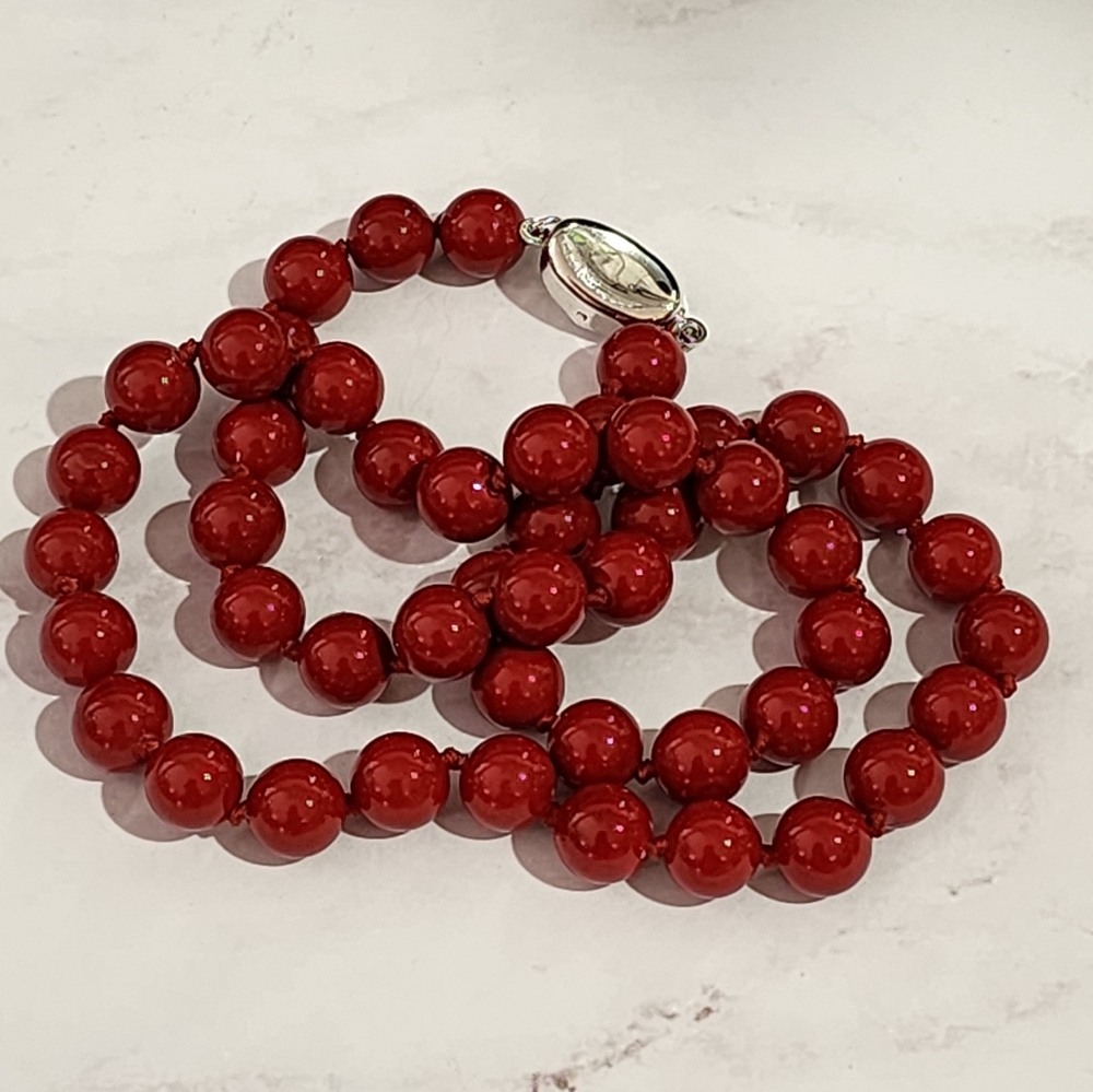 8mm Red Round Sea Shell Pearl Beaded Necklace 18in - Picture 7 of 13